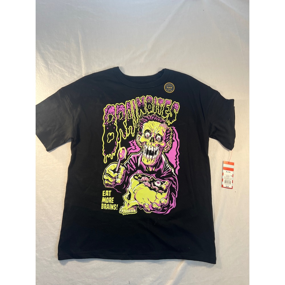 Cat & Jack Boys XL 14 Brain Bites Zombie Glow in the Dark Graphic Tee Black